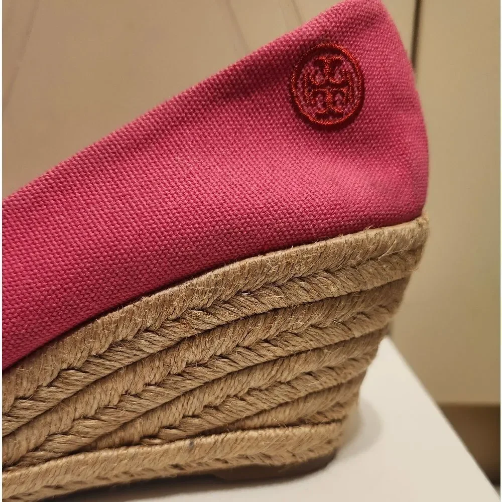 Tory Burch Red/Pink Canvas Peep Toe Wedge Heel Espadrilles Sz.9 $265